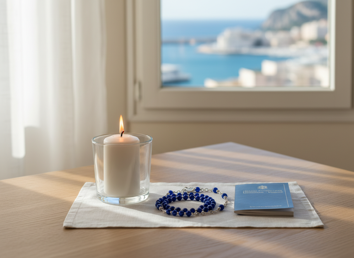 A neatly arranged prayer corner featuring a lit white candle in a simple glass holder, a finely bound dark blue rosary with silver links coiled beside a French-language prayer booklet marked “Œuvres Pontificales Missionnaires – Monaco” in discreet gold lettering. The items rest on a light oak table with visible natural grain. Soft morning light filters through a sheer curtain, producing a gentle, diffused glow and subtle shadows. Photographic realism with a centered, intimate composition and shallow depth of field, the background dissolving into a soft blur of pale walls and a hint of Monaco’s waterfront through the window, conveying quiet devotion and refined simplicity.