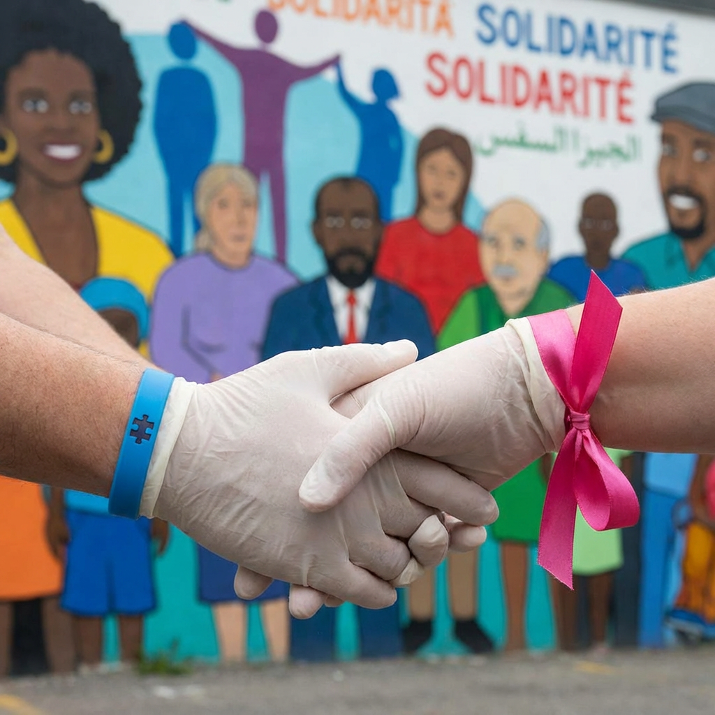 Two hands in medical gloves shaking, featuring an autism bracelet and breast cancer ribbon.